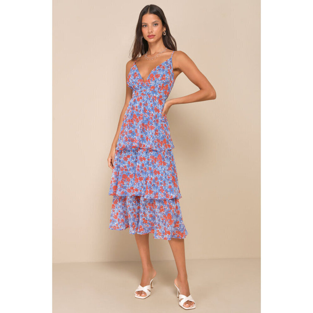 Lulus Adorable Obsession Blue Floral Print Lurex Tiered Midi Dress - Size L